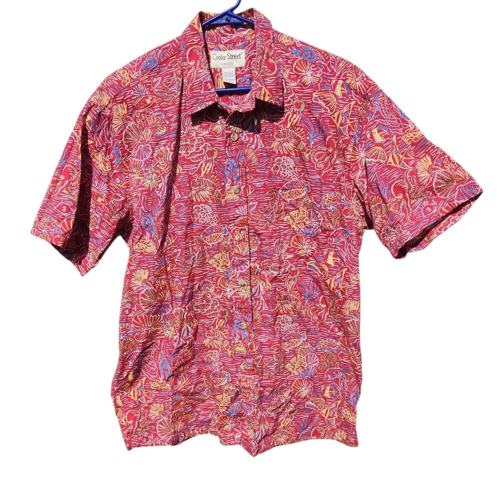 Cooke Street Honolulu Mens Large Red Tropical Fish Hawaiian Cotton Button Shirt